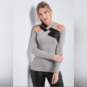 VENUS Gray Long Sleeve Cold-Shoulder Top with Black Strap Detail
